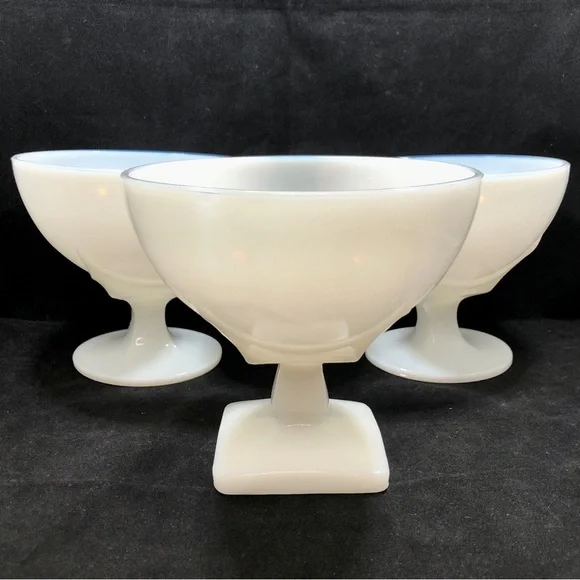 3 MILK GLASS PEDESTAL BOWLS/CANDY DISHES. 2 ROUND BOTTOM/1 SQUARE BOTTOM - Picture 2 of 13